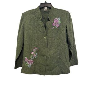 Adrian Delafield Green Floral Embroidered Button-Up Jacket Size L